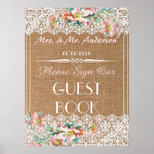 Floral burlap wedding guestbook poster