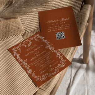 Floral Burnt Orange Botanical QR Code Wedding Invitation