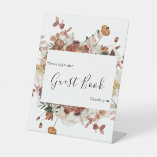 Floral Burnt Orange Burgundy Wedding Guest Book Pedestal Sign