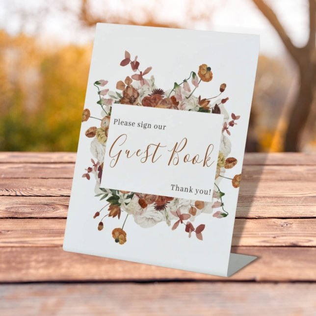 Floral Burnt Orange Burgundy Wedding Guest Book Pedestal Sign (Creator Uploaded)