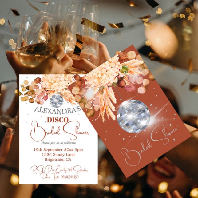 Floral Burnt Orange Disco Ball Bridal Shower Invitation (Creator Uploaded)