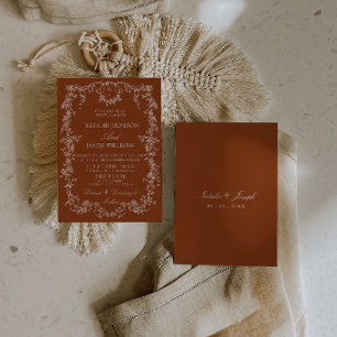 Floral Burnt Orange Monogram Boho Wedding Invitation