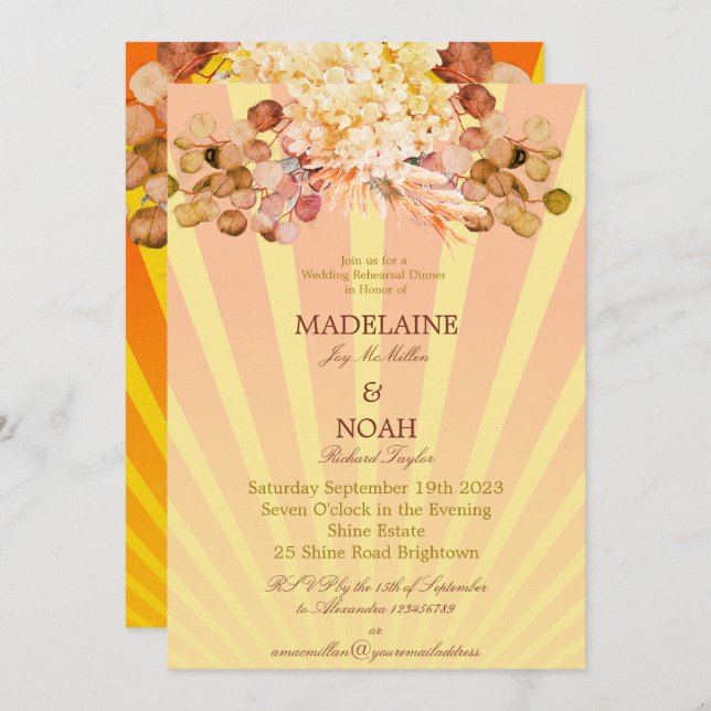 Floral Burnt Orange Sunray Wedding Rehearsal Invitation (Front/Back)