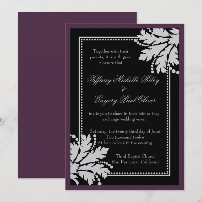 Floral Burst Wedding Invite Metallic [Eggplant] (Front/Back)