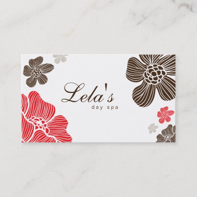 Floral Business Card Salon Spa Red Brown Tropical (Front)
