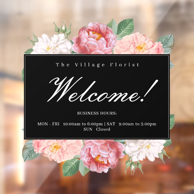 Floral Business Opening Hours Welcome Black Custom Window Cling (Sheet 2)