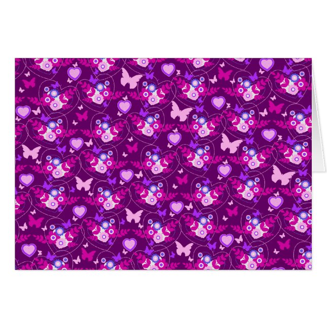 Floral butterflies and hearts purple pink card (Front Horizontal)