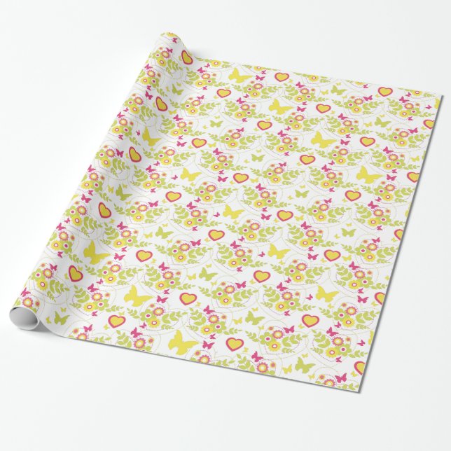 Floral butterflies and hearts spring pattern wrapping paper (Unrolled)