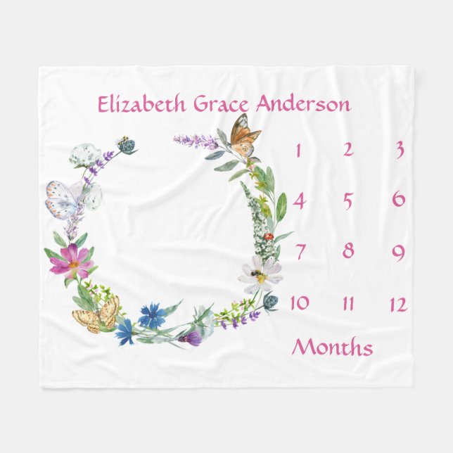 Floral Butterflies Baby Milestone Growth Tracker  Fleece Blanket (Front (Horizontal))