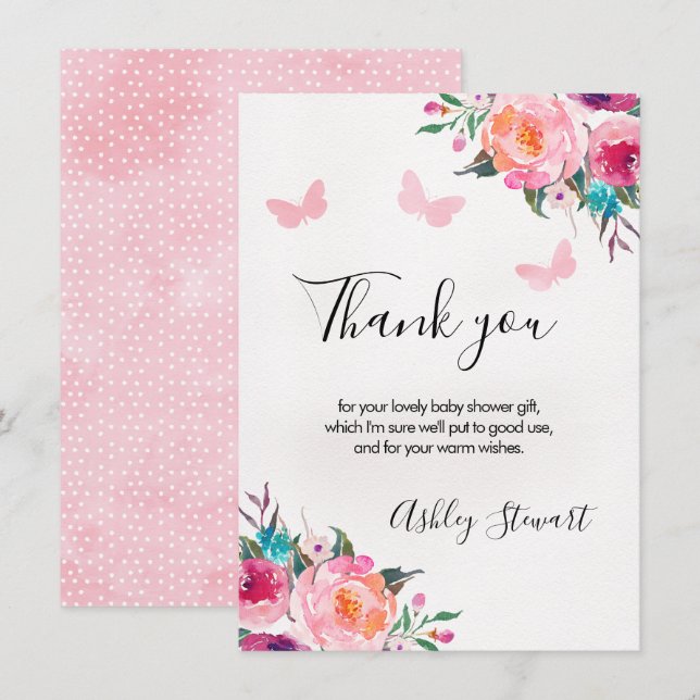 Floral Butterflies Baby Shower Thank You Card Girl (Front/Back)