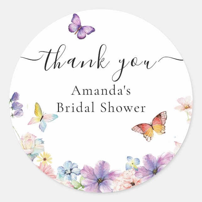 Floral Butterflies Bridal Shower Favour  Classic Round Sticker (Front)