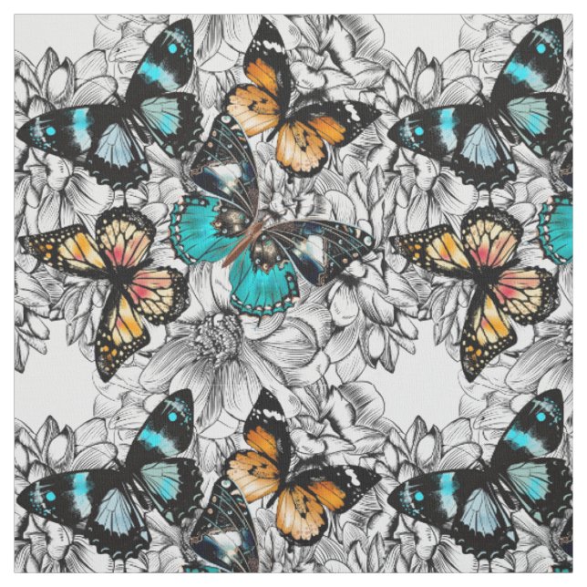 Floral Butterflies colourful sketch pattern Fabric (Swatch)