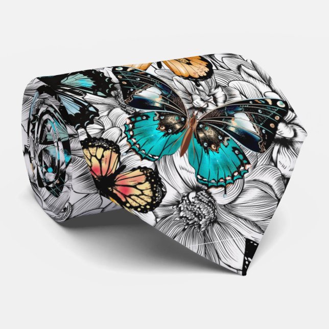 Floral Butterflies colourful sketch pattern Tie (Rolled)