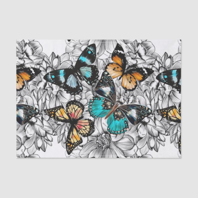 Floral Butterflies colourful sketch pattern Tissue Paper (Front)