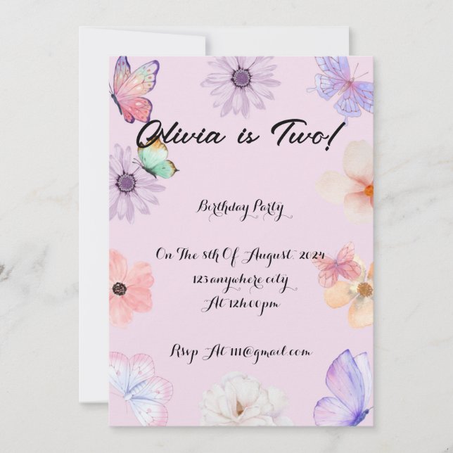 Floral butterflies girl birthday invitation  (Front)