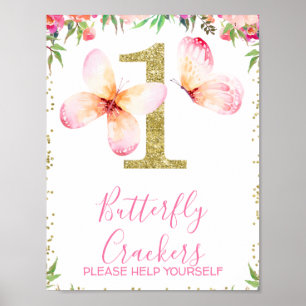 Floral Butterflies Gold Glitter 1st Birthday Sign