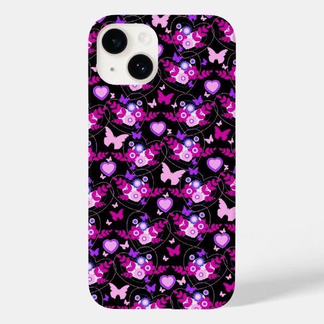 Floral butterflies & hearts pink black Case-Mate iPhone case (Back)