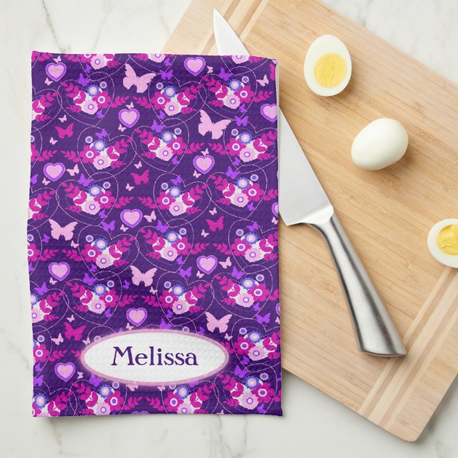 Floral butterflies hearts purple pink custom name tea towel (Quarter Fold)