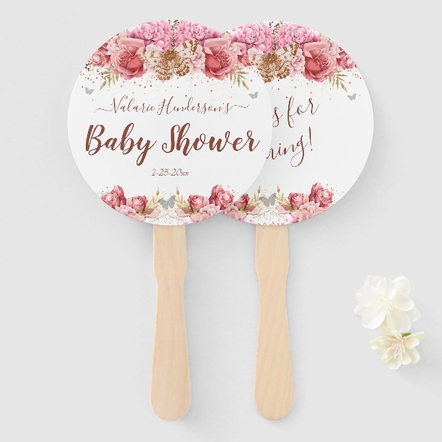 Floral Butterflies Pink Baby Shower Hand Fan (Front and Back)