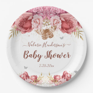 Floral Butterflies Pink Baby Shower Paper Plate