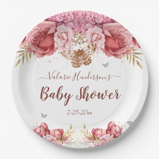 Floral Butterflies Pink Baby Shower Paper Plate (Front)