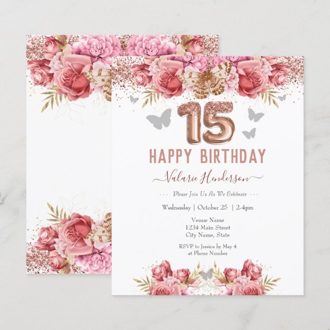 Floral Butterflies Pink Happy 15th Birthday (Front/Back)