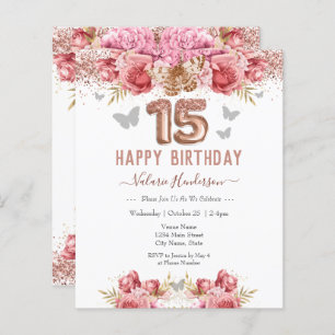 Floral Butterflies Pink Happy 15th Birthday