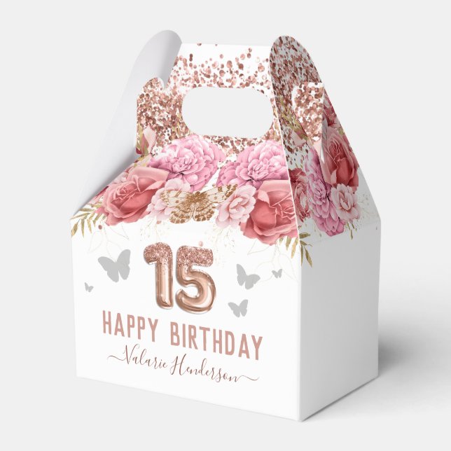 Floral Butterflies Pink Happy 15th Birthday Favour Favour Box (Front Side)