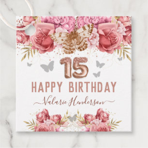 Floral Butterflies Pink Happy 15th Birthday Favour Favour Tags