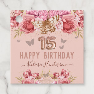 Floral Butterflies Pink Happy 15th Birthday Favour Tags
