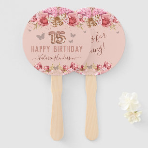 Floral Butterflies Pink Happy 15th Birthday Hand Fan