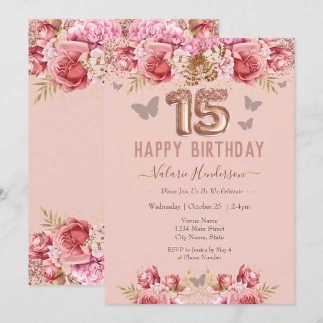Floral Butterflies Pink Happy 15th Birthday Invita Invitation (Front/Back)