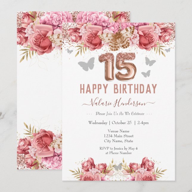 Floral Butterflies Pink Happy 15th Birthday Invitation (Front/Back)