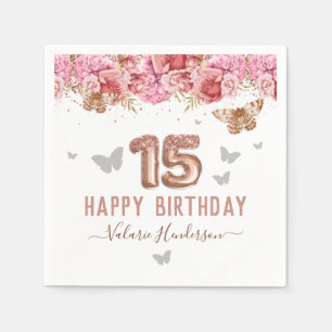 Floral Butterflies Pink Happy 15th Birthday Napkin