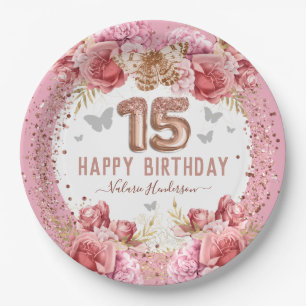 Floral Butterflies Pink Happy 15th Birthday Paper Plate