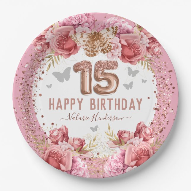 Floral Butterflies Pink Happy 15th Birthday Paper Plate (Front)