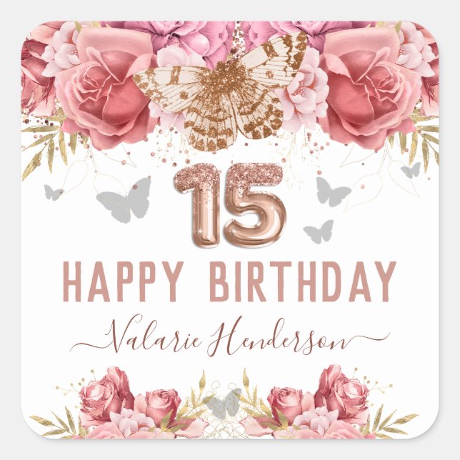 Floral Butterflies Pink Happy 15th Birthday  Squar Square Sticker (Front)
