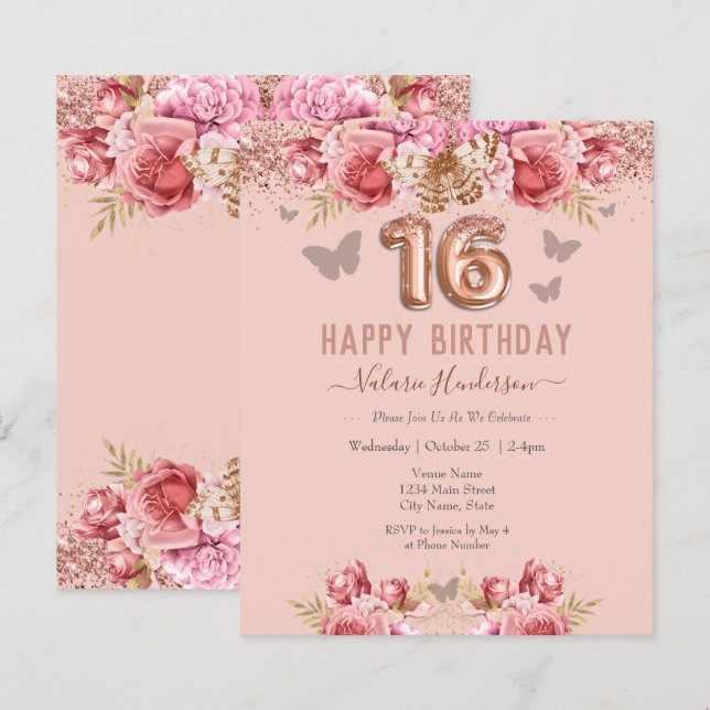 Floral Butterflies Pink Happy 16th Birthday (Front/Back)