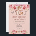 Floral Butterflies Pink Happy 16th Birthday<br><div class="desc">Girly glitter,  millennial pink background,  with fancy script name typography. Faux rose gold 16 balloon text. Pink Roses and butterfly top border. Great for sweet 16 celebrations.</div>