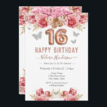 Floral Butterflies Pink Happy 16th Birthday<br><div class="desc">Girly glitter,  millennial pink background,  with fancy script name typography. Faux rose gold 16 balloon text. Pink Roses and butterfly top border. Great for sweet 16 celebrations.</div>