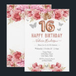 Floral Butterflies Pink Happy 16th Birthday<br><div class="desc">Girly glitter,  millennial pink background,  with fancy script name typography. Faux rose gold 16 balloon text. Pink Roses and butterfly top border. Great for sweet 16 celebrations.</div>