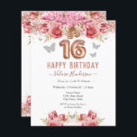 Floral Butterflies Pink Happy 16th Birthday<br><div class="desc">Girly glitter with fancy script name typography. Faux rose gold 16 balloon text. Pink Roses and butterfly top border. Great for sweet 16 celebrations.</div>