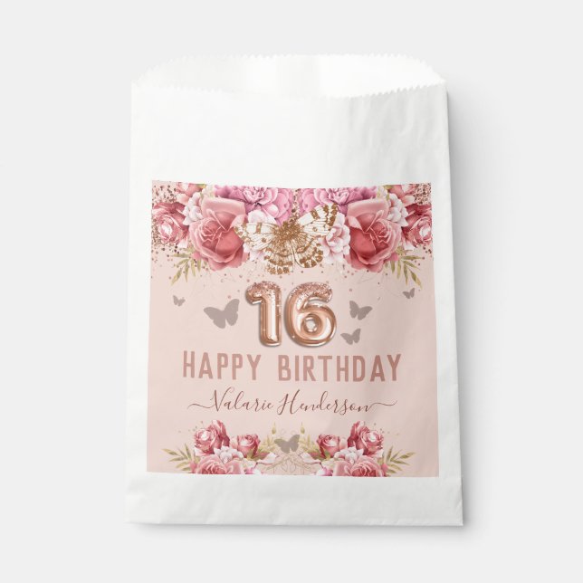 Floral Butterflies Pink Happy 16th Birthday Favour Bags (Front)
