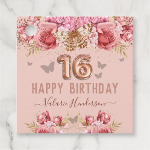 Floral Butterflies Pink Happy 16th Birthday Favour Tags