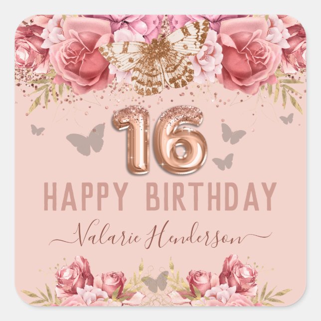 Floral Butterflies Pink Happy 16th Birthday Square Sticker (Front)