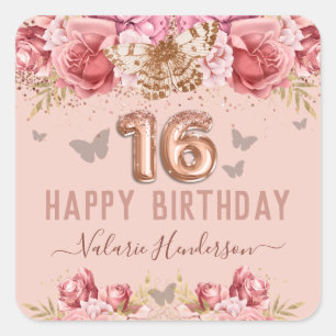 Floral Butterflies Pink Happy 16th Birthday Square Sticker