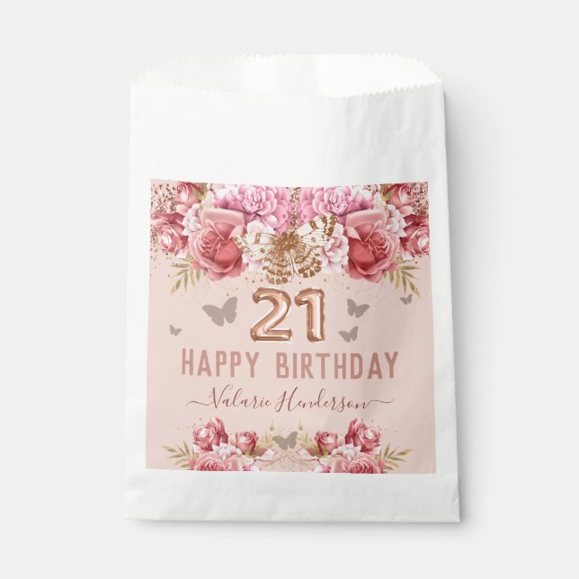 Floral Butterflies Pink Happy 21st Birthday Favour Bags (Front)