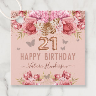 Floral Butterflies Pink Happy 21st Birthday Favour Tags