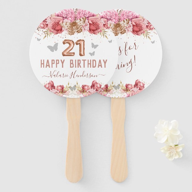 Floral Butterflies Pink Happy 21st Birthday Hand F Hand Fan (Front and Back)