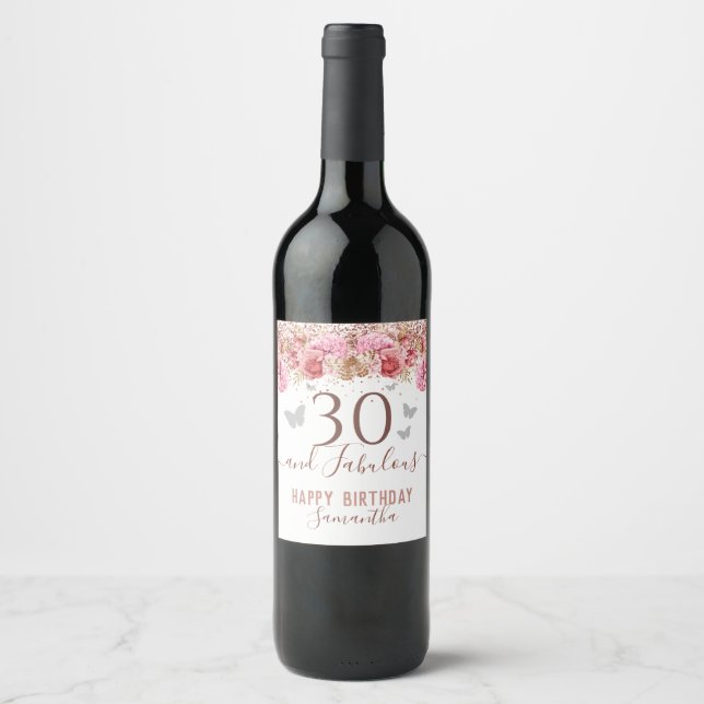 Floral Butterflies Pink Happy 30th Birthday Wine Label (Front)